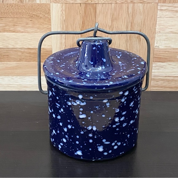 Vintage Stoneware Crock Speckled Cobalt Blue Butter Cheese Crock Jar Wired Lid - Picture 3 of 16